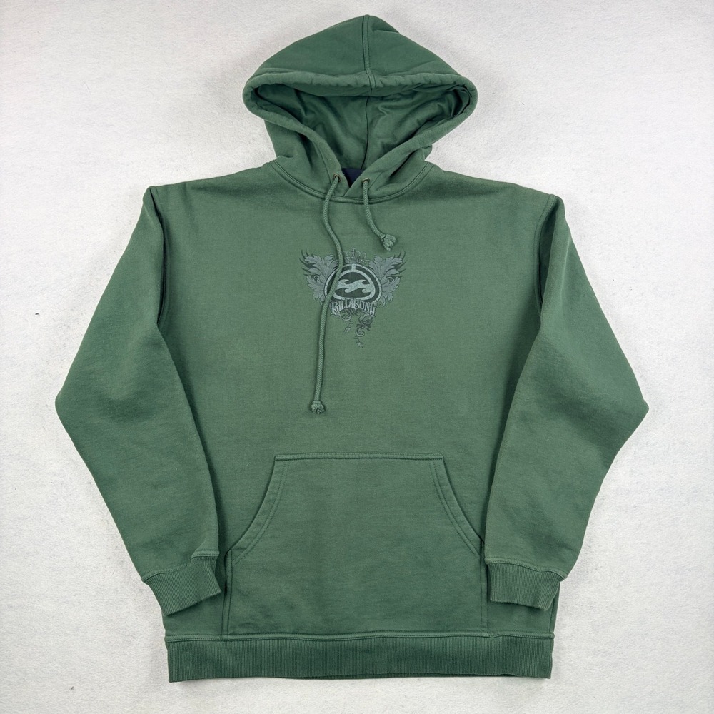 Y2K Billabong Mens Green Graphic Crest Logo Pullover Hoodie Sweatshirt Size M